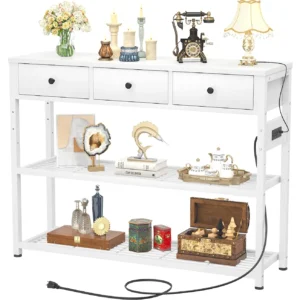 White 47.2 inch (120 cm) long coffee table with side charging station, 3 storage drawers, and tiered mesh shelves