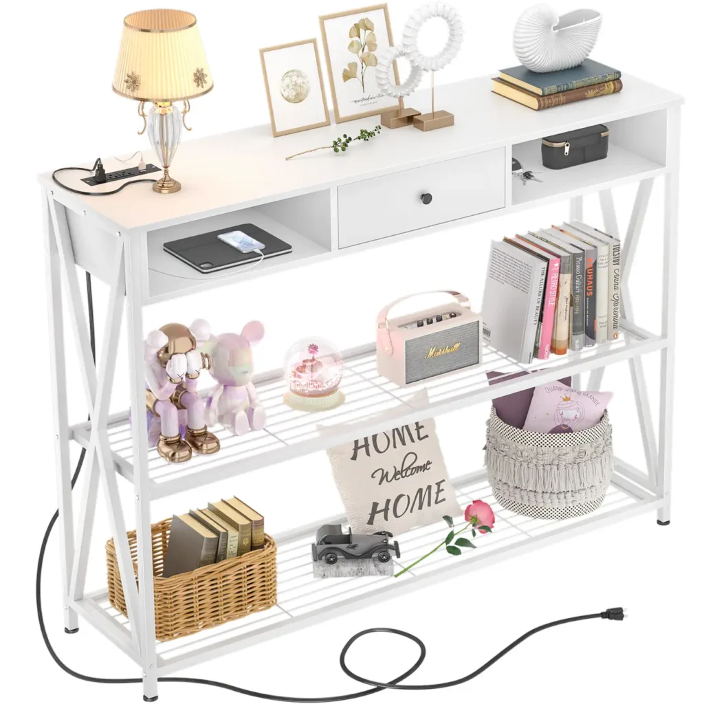White 47.2 inch (120 cm) narrow console table with built-in charging station, 3 drawers compartment, and X-brace metal frame
