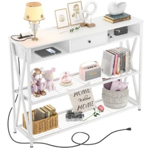 White 47.2 inch (120 cm) narrow console table with built-in charging station, 3 drawers compartment, and X-brace metal frame