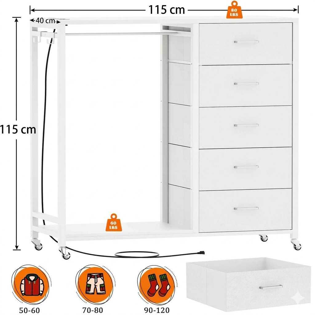White 5-Drawer Wardrobe Closet Organizer Dimensions and Specifications Diagram White clothing rack wardrobe closet organizer with 5 drawers and dimensions specification diagram wholesale manufacturer - Comfuri