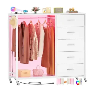 White clothing rack wardrobe closet organizer with fabric drawers, LED strip lights and power outlets wholesale manufacturer - Comfuri