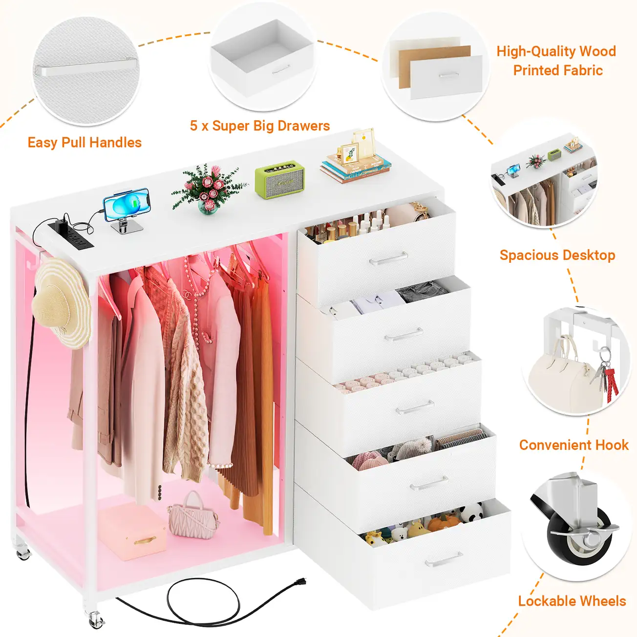 White 5-Drawer Wardrobe Closet Organizer Features and Details Diagram White clothing rack wardrobe closet organizer with 5 fabric drawers, power outlet and LED lights wholesale manufacturer - Comfuri