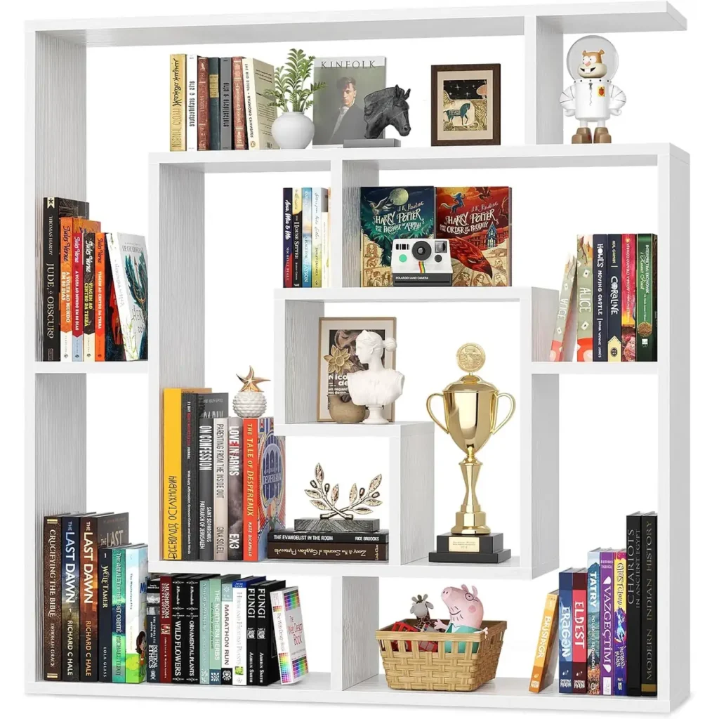 White 5-tier geometric bookshelf main image showing symmetrical staggered open cube layout organizing books, trophies, and home decor