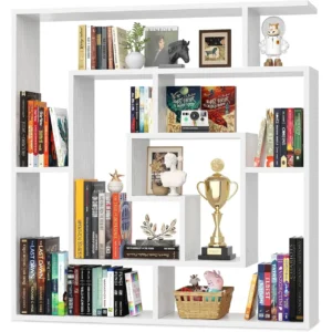 White 5-tier geometric bookshelf main image showing symmetrical staggered open cube layout organizing books, trophies, and home decor