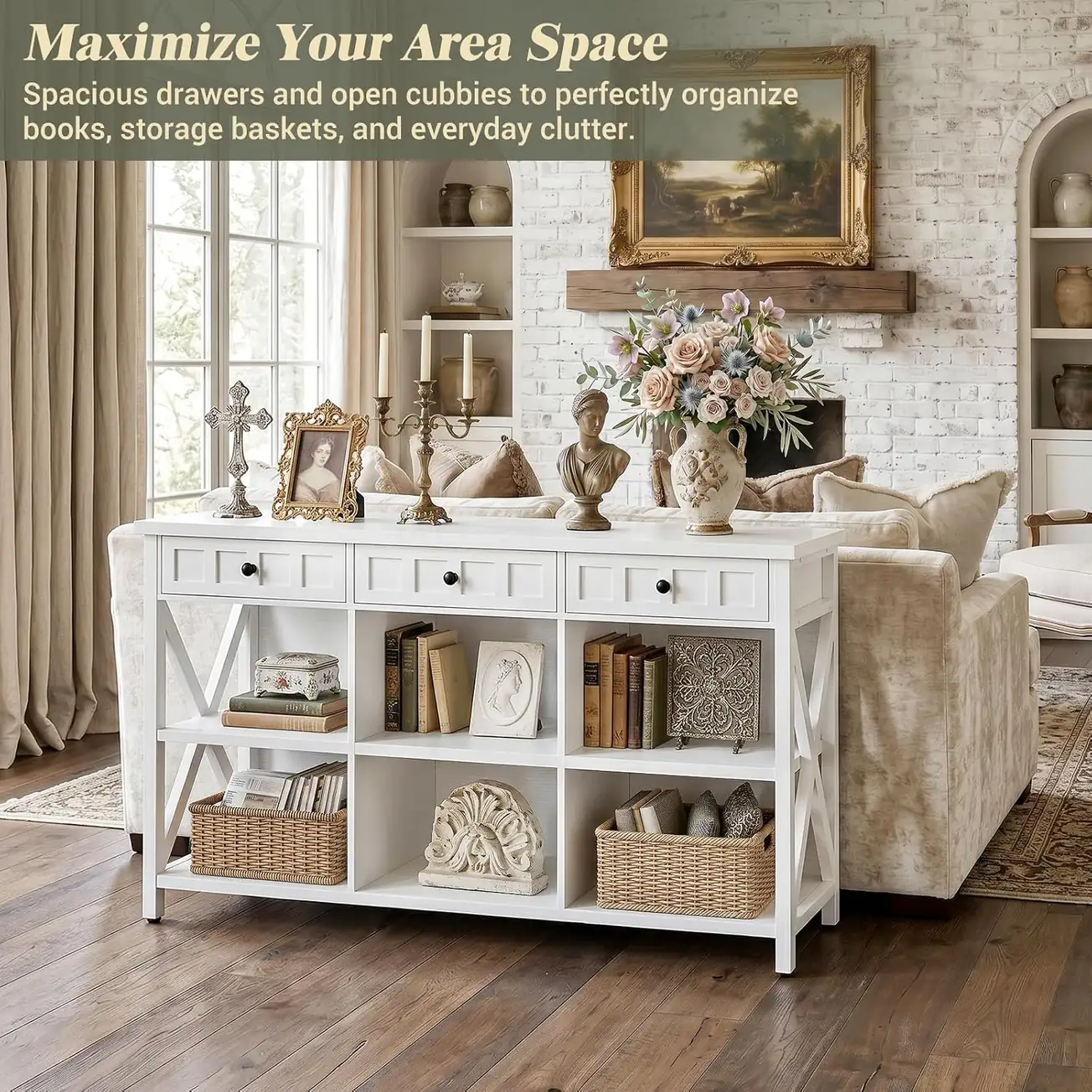 White 6-Cube Bookshelf Lifestyle - Living Room Modern white 6-cube storage organizer bookshelf with 3 drawers utilized as a behind-couch table in a cozy styled living room