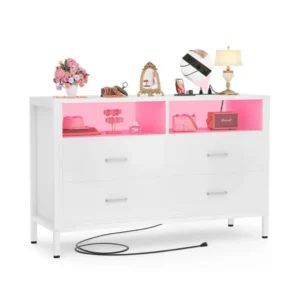 Wholesale modern white 6-drawer bedroom dresser with smart RGB LED lights, wide wood chest of drawers with built-in charging station on a white background.