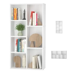 White 7-cube wooden bookcase main image showing vertical storage layout with empty vertical and horizontal product icons