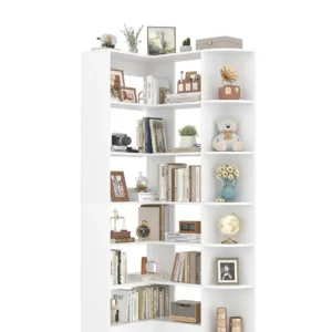 L-shaped 7-tier corner bookshelf display image showing staggered open shelves with integrated raised edges organizing books, toys, and decor