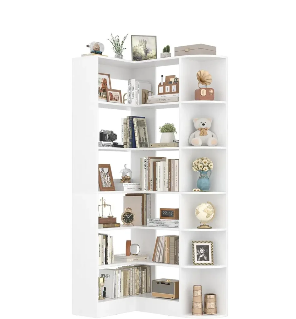 L-shaped 7-tier corner bookshelf display image showing staggered open shelves with integrated raised edges organizing books, toys, and decor
