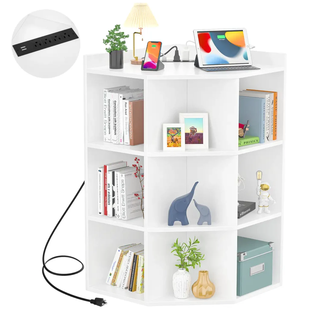 White triangular 9-cube corner storage cabinet main image with a close-up inset showing the embedded 2 USB and 2 AC power outlets