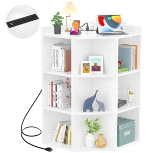 White triangular 9-cube corner storage cabinet main image with a close-up inset showing the embedded 2 USB and 2 AC power outlets