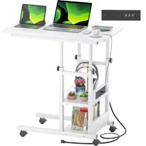 White height adjustable C-shaped mobile side table with built-in charging station and 2-tier storage shelf
