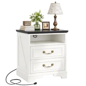White and Black Farmhouse Nightstand with 2 Drawers and Charging Station