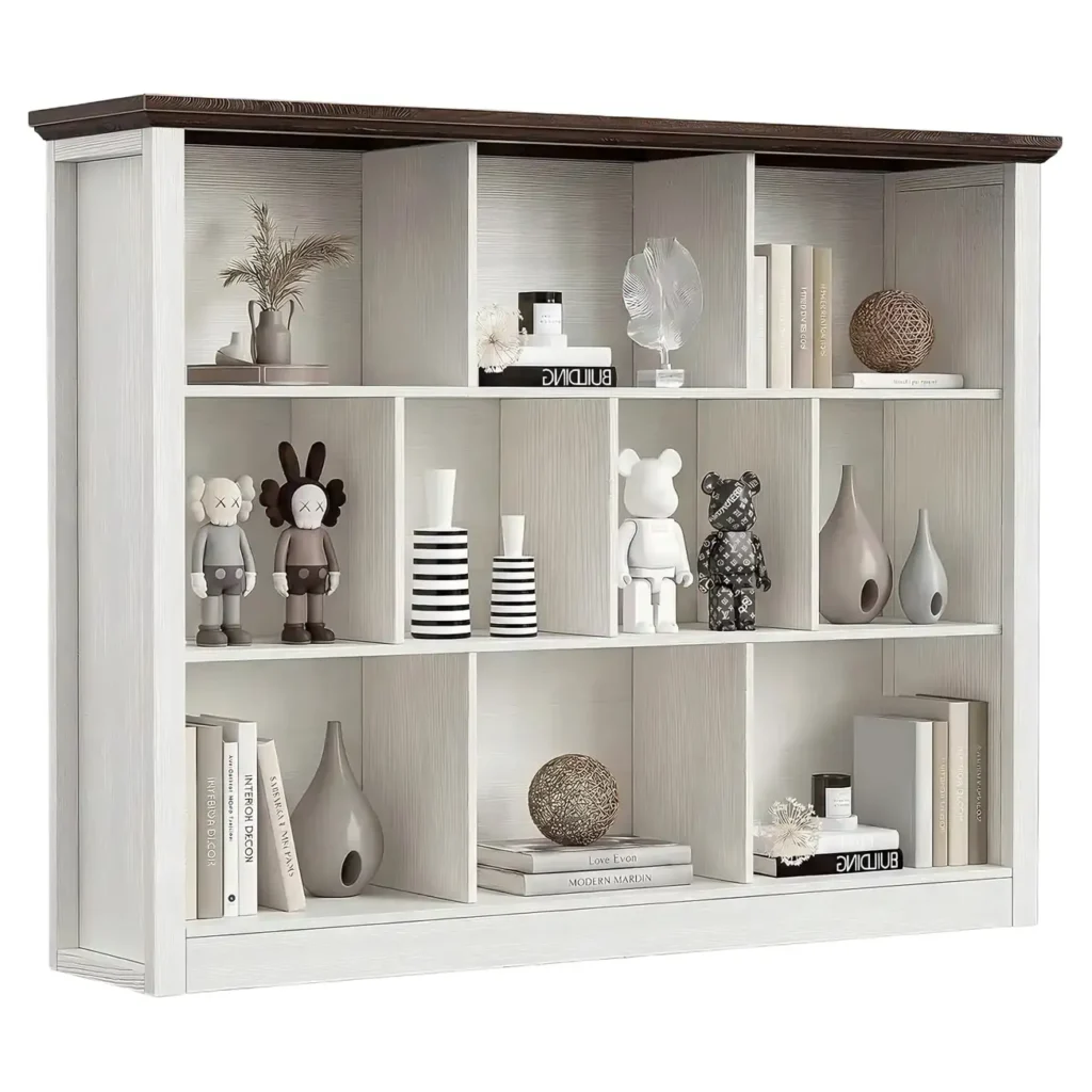 Two-color open cube storage shelf and low bookcase featuring a white main frame with a rustic brown top panel, modern multi-size wooden storage display organizer cabinet