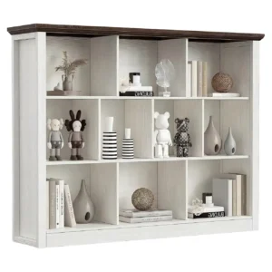 Two-color open cube storage shelf and low bookcase featuring a white main frame with a rustic brown top panel, modern multi-size wooden storage display organizer cabinet