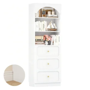 white arched bookcase 3 drawers baseboard cutout