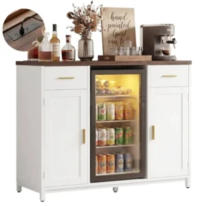 White coffee bar cabinet with built-in power outlets and glass door beverage center