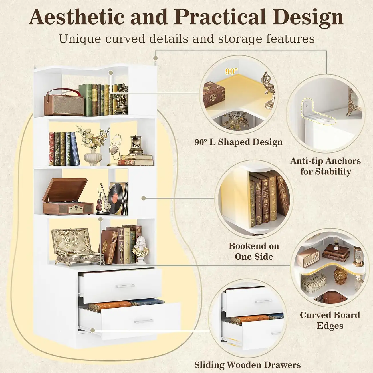 White Corner Bookshelf Structural Features and Details White corner bookshelf showcasing product features including 90-degree L-shaped design, anti-tip wall anchors for stability, built-in shelf bookends, curved board edges, and sliding wooden drawers