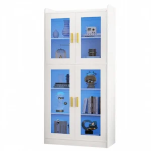 White display cabinet with tempered glass doors and integrated smart RGB LED lights