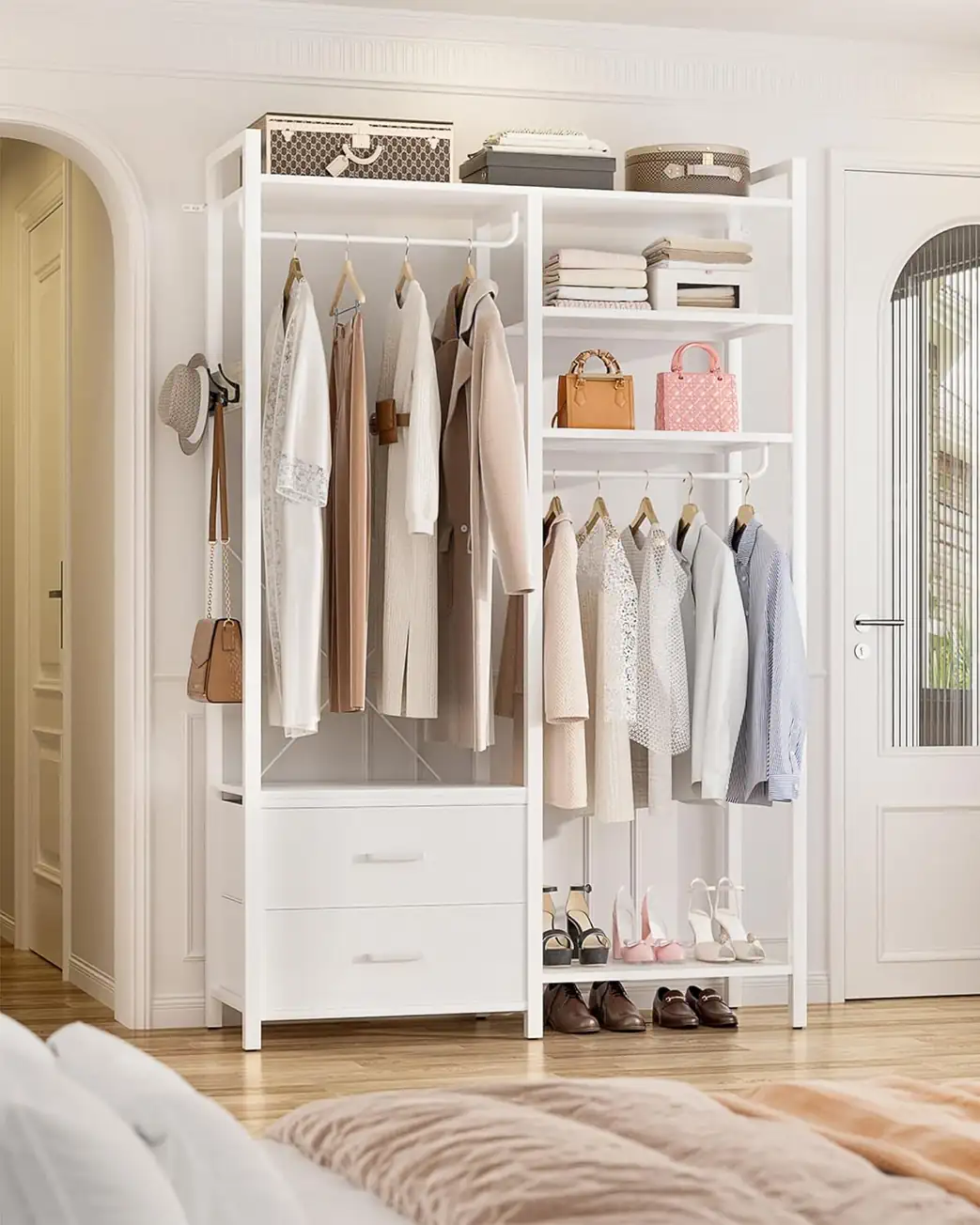 White Double Wardrobe Closet Organizer in Bedroom Lifestyle White freestanding double clothing rack wardrobe closet organizer with 2 fabric drawers and shelves in modern bedroom setting wholesale manufacturer - Comfuri