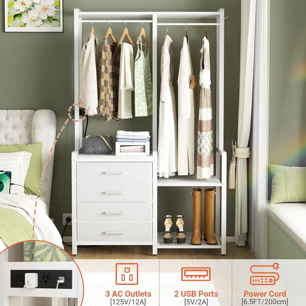 White Double Wardrobe Closet Organizer with 4 Drawers & Charging Station Lifestyle White freestanding double clothing rack wardrobe closet organizer with 4 fabric drawers, built-in 3 AC outlets and 2 USB ports charging station in bedroom lifestyle wholesale manufacturer - Comfuri