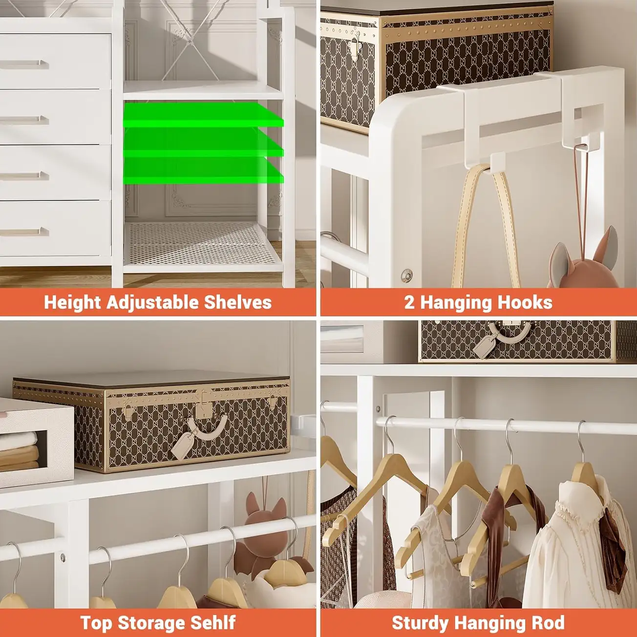 White Double Wardrobe Closet Organizer Features and Details Grid White freestanding double clothing rack wardrobe closet organizer with height adjustable shelves, hanging hooks, top storage and sturdy hanging rods detail grid wholesale manufacturer - Comfuri