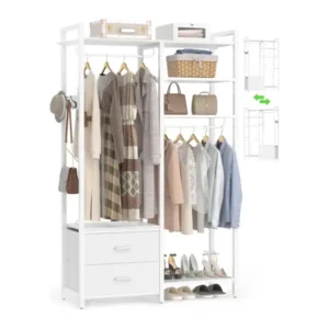White freestanding double clothing rack wardrobe closet organizer with 2 fabric drawers, storage shelves, and side hooks wholesale manufacturer - Comfuri