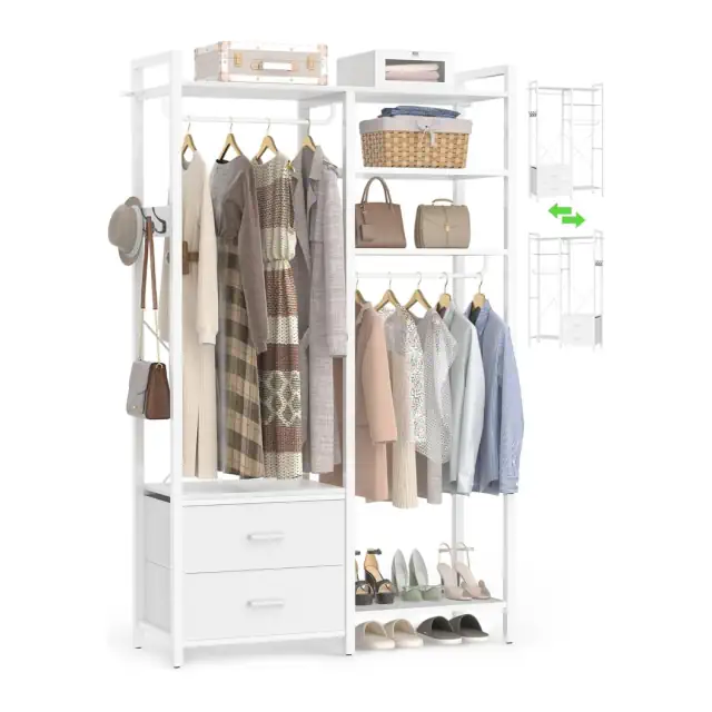 White Double Wardrobe Closet Organizer with 2 Fabric Drawers & Hanging Racks White freestanding double clothing rack wardrobe closet organizer with 2 fabric drawers, storage shelves, and side hooks wholesale manufacturer - Comfuri