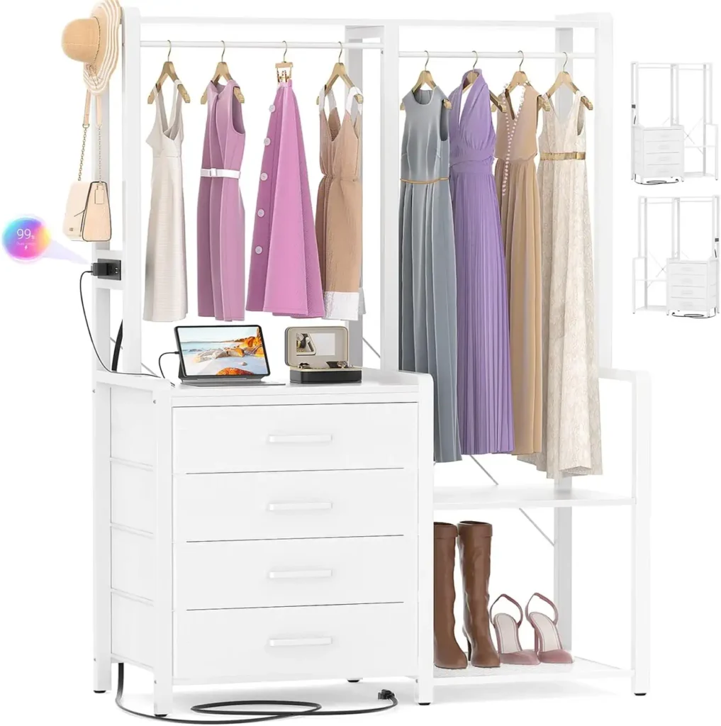 White freestanding double clothing rack wardrobe closet organizer with 4 fabric drawers, built-in power outlets, hanging rods, and shoe storage wholesale manufacturer - Comfuri