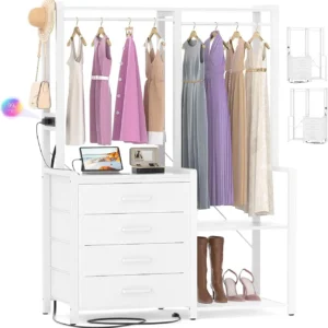 White freestanding double clothing rack wardrobe closet organizer with 4 fabric drawers, built-in power outlets, hanging rods, and shoe storage wholesale manufacturer - Comfuri