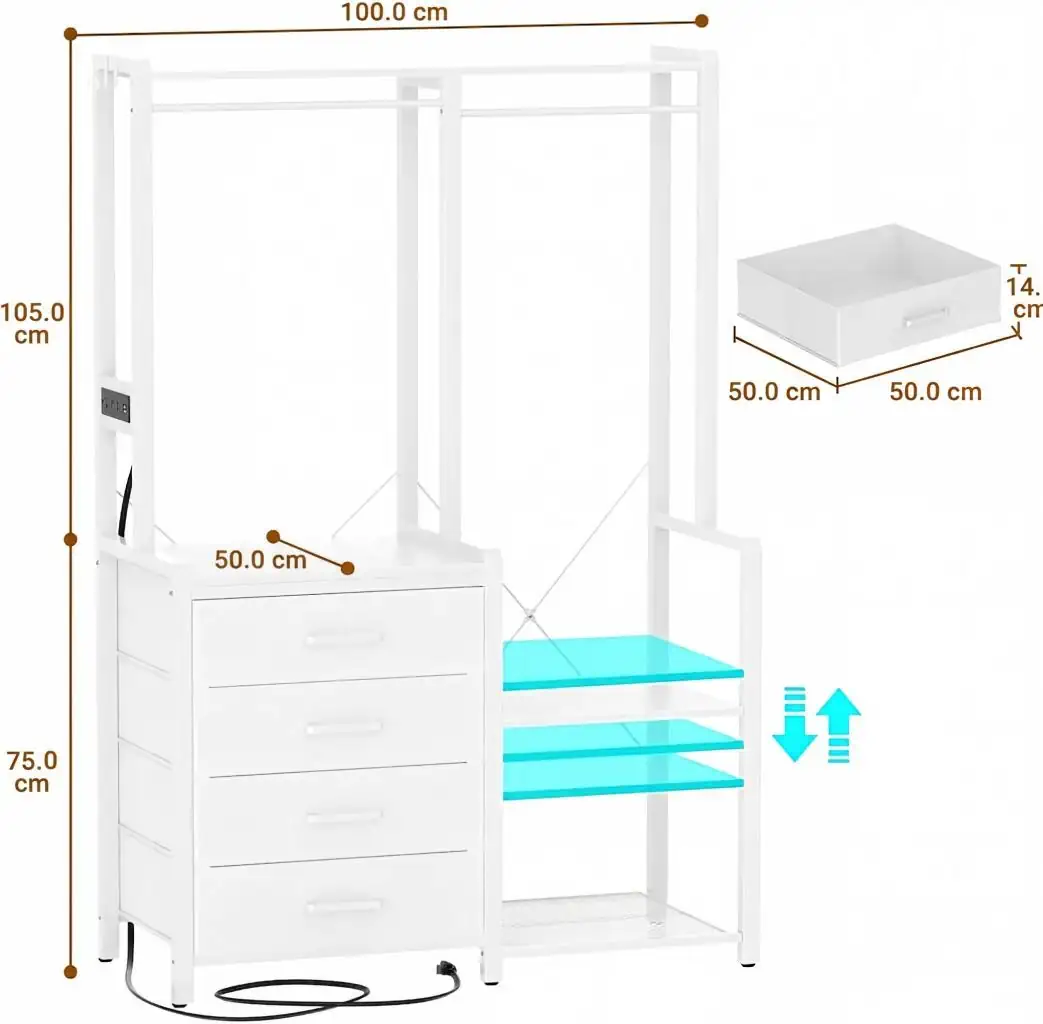 White Double Wardrobe Closet Organizer with 4 Drawers Dimensions and Specifications Diagram White freestanding double clothing rack wardrobe closet organizer with 4 fabric drawers, charging station, and dimensions specification diagram wholesale manufacturer - Comfuri