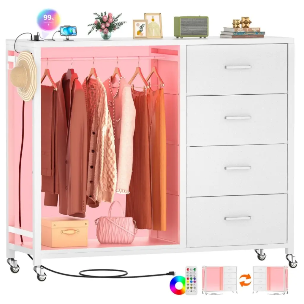White Dresser with Hanging Rod and LED Lights White Dresser with Hanging Rod and RGB LED Lights Charging Station