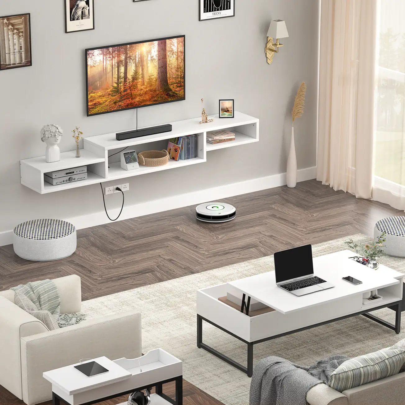 White Floating TV Stand Living Room Lifestyle Scene White floating wall mounted TV stand in a modern living room lifestyle interior design, showing space-saving under-cabinet clearance for robotic vacuum cleaner.