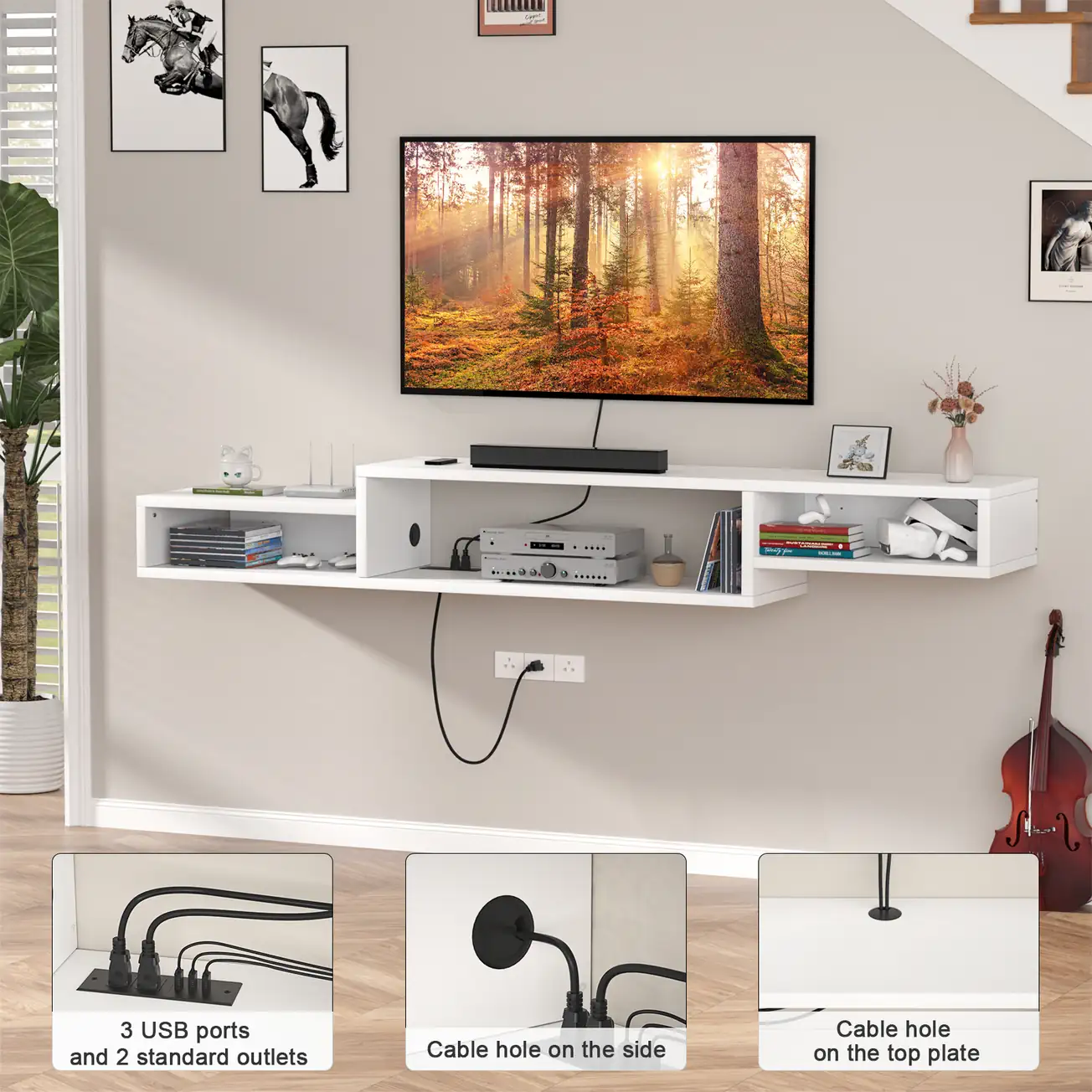 White Floating TV Stand Power Strip and Cable Management Details White floating wall mounted TV stand showcasing built-in power strip with 2 USB ports and 2 AC outlets, side and top plate cable holes for clean wire management.