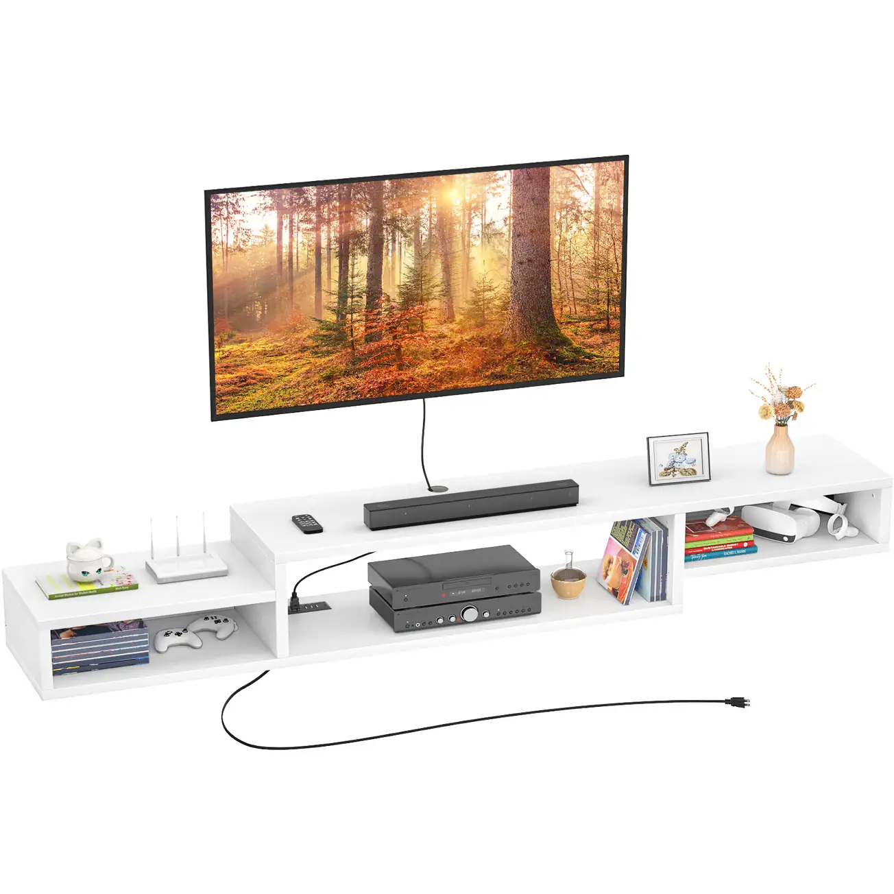 White Floating Wall Mounted TV Stand with Power Outlet White floating wall mounted TV stand featuring an integrated power outlet, multi-compartment open storage shelves, and smart cable management holes.