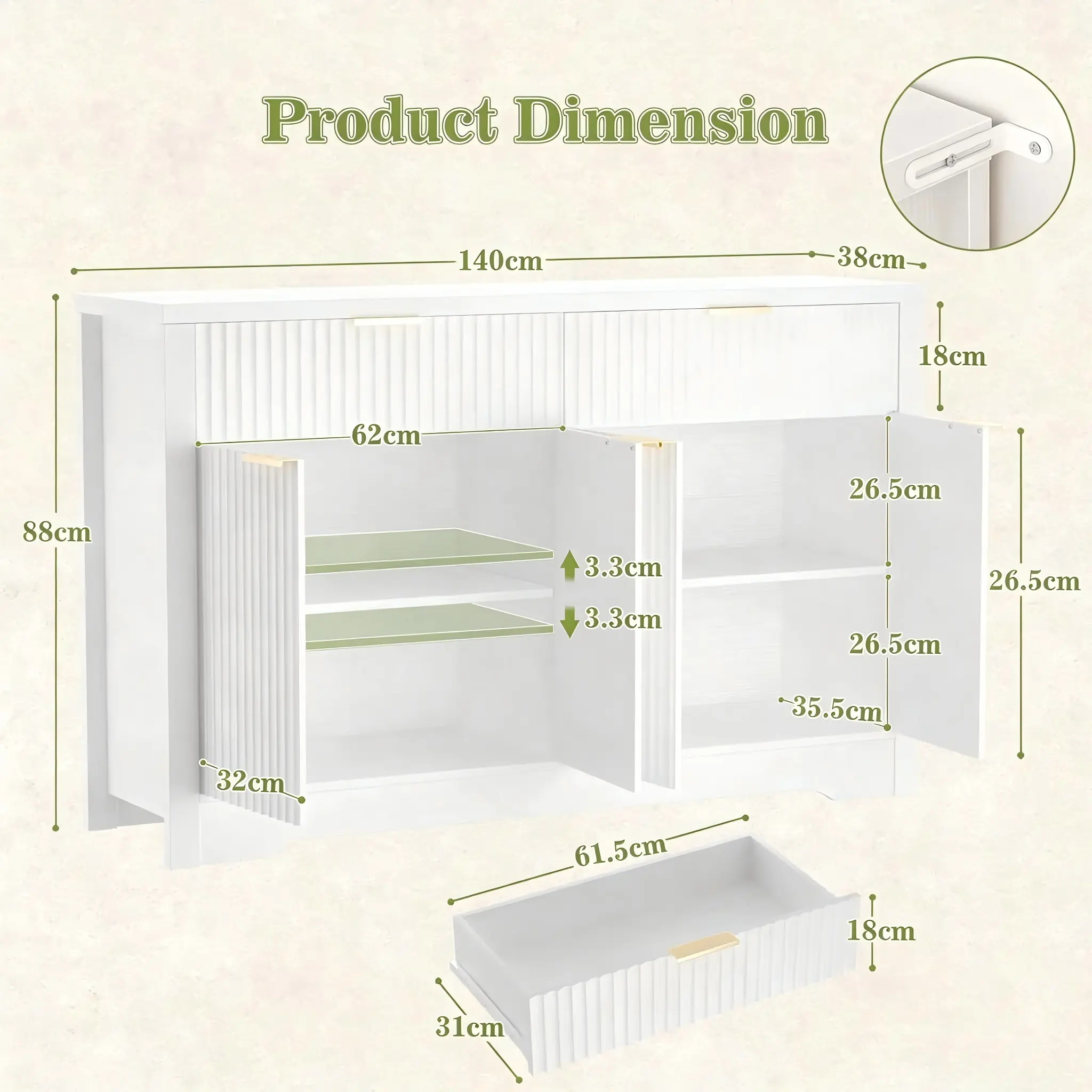 White Fluted Sideboard Cabinet Dimensions & Size Chart Wholesale white fluted sideboard buffet cabinet detailed 140cm dimensions and size chart, featuring anti-tip hardware specifications for safety