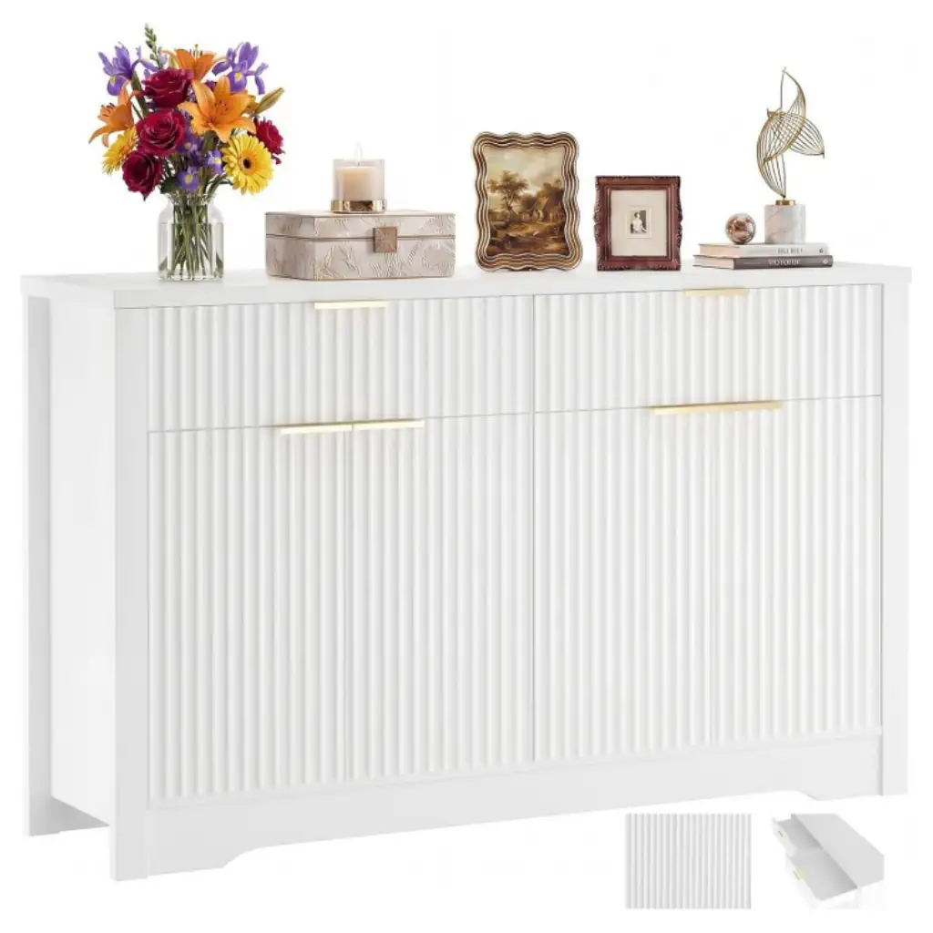 White fluted sideboard buffet cabinet with drawers and doors for dining room and entryway