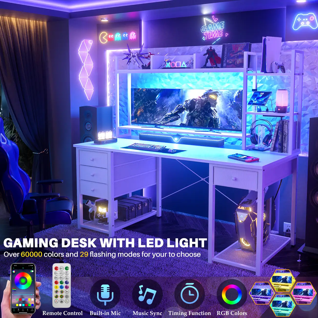 White Gaming Desk with Smart LED Lights White gaming desk with app-controlled smart RGB LED strip and music sync ambient lighting