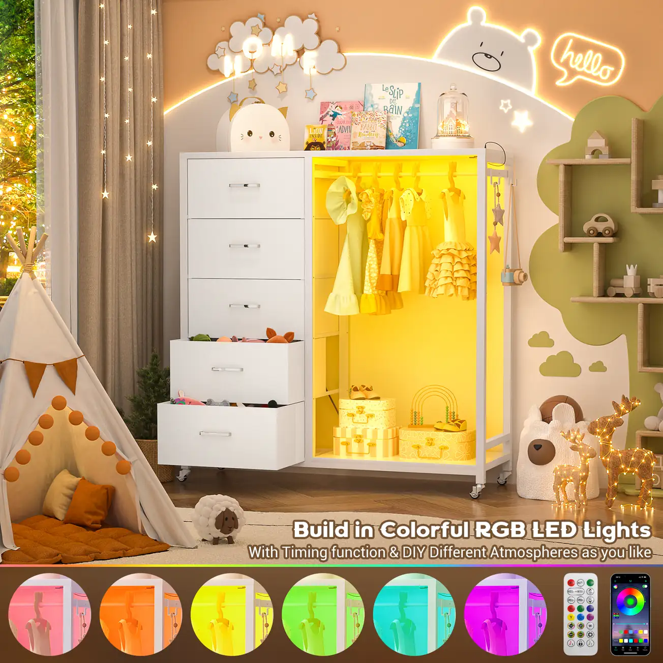 White clothes rack wardrobe closet organizer with fabric drawers, LED strip lights and power strip wholesale - Comfuri White Wardrobe Closet Organizer with LED Lights & Fabric Drawers