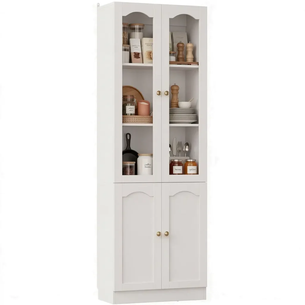 White kitchen pantry cabinet with glass doors, freestanding tall wooden china storage cupboard for dining room