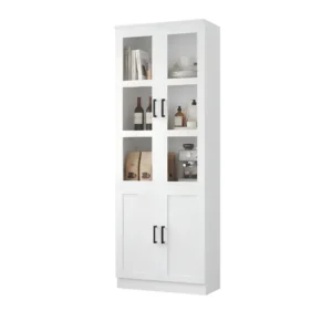White kitchen pantry cabinet with 4-tier upper glass doors and lower storage wooden cabinets