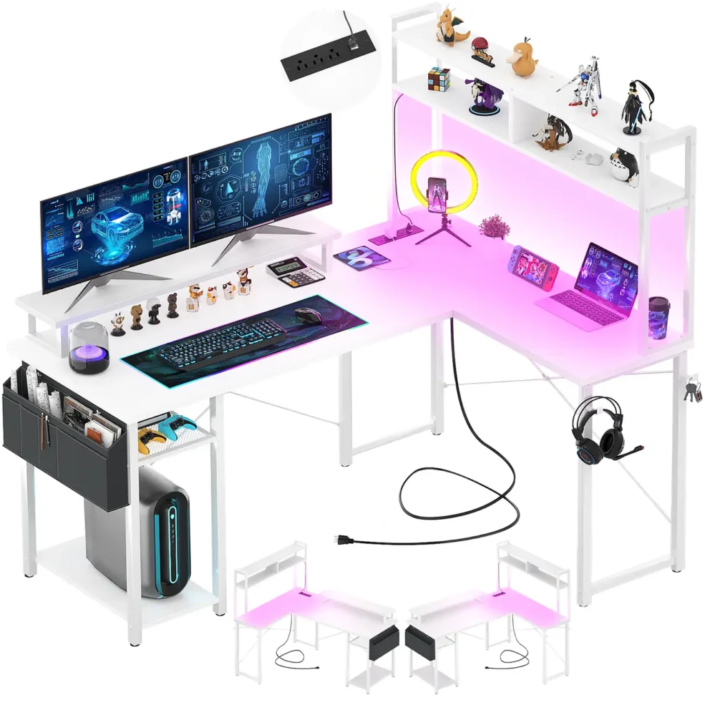 White L-shaped computer desk with top hutch, integrated power strip, and app-controlled LED lights by Comfuri