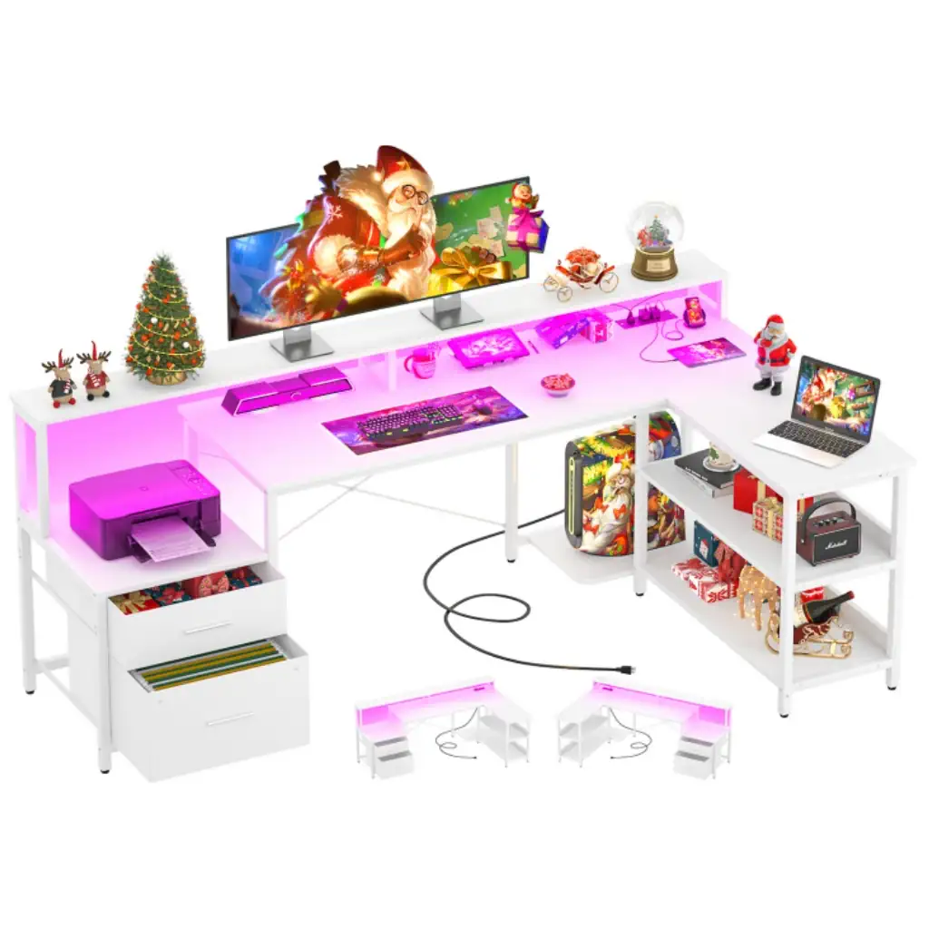 White L-shaped computer desk with LED lights, monitor stand, 2 drawers, and reversible storage shelves