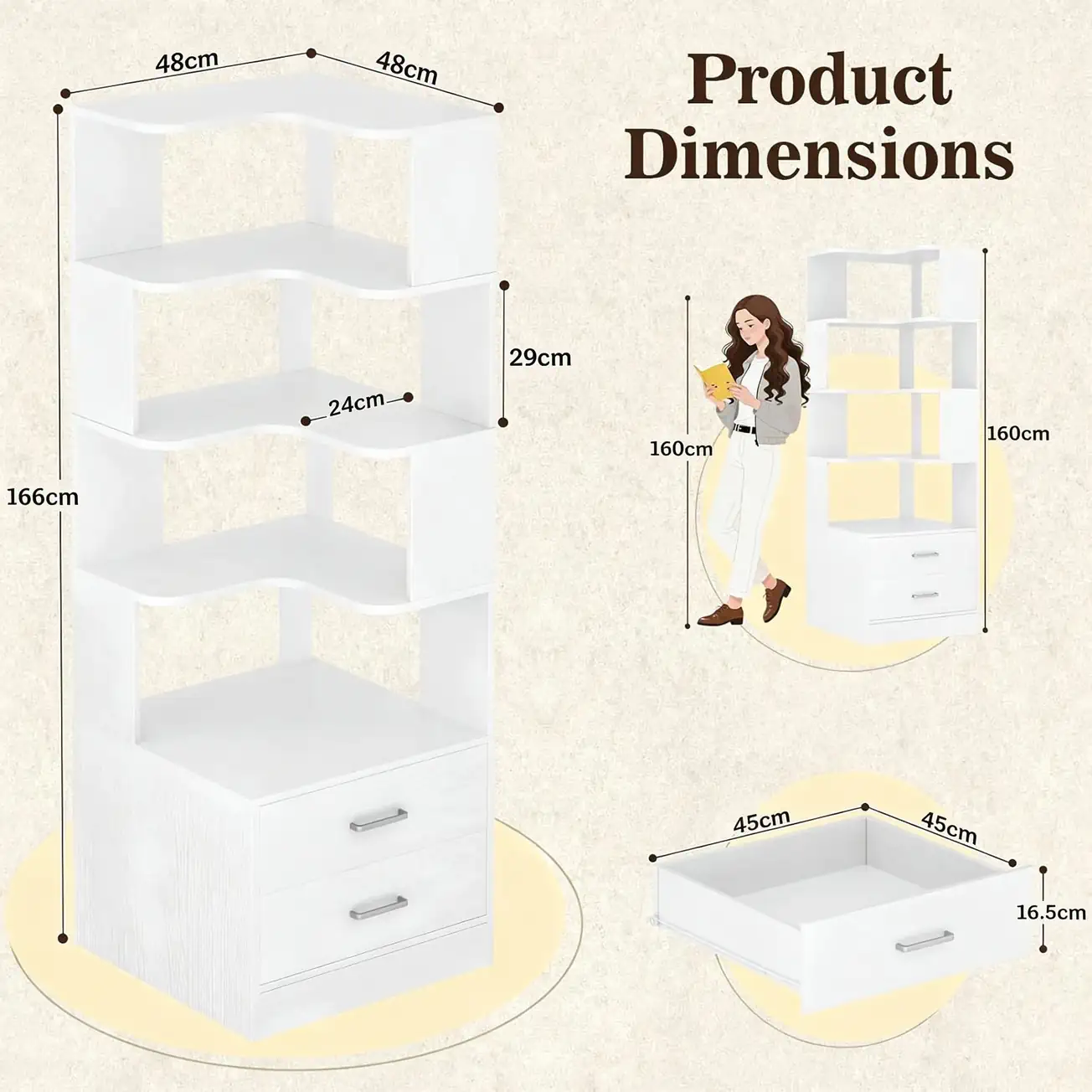White L Shaped Corner Bookshelf Dimensions Size Guide White L-shaped corner bookshelf detailed dimension chart showing 166cm total height, 48cm length, 29cm layer clearance, and 45cm drawer size specifications.
