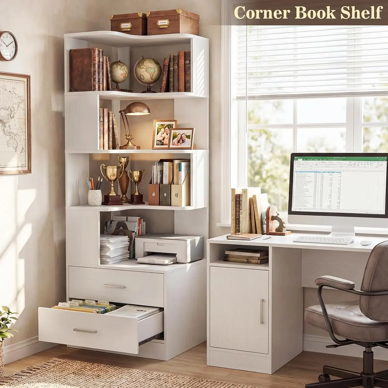 White L Shaped Corner Bookshelf Small Space Lifestyle Scene White L-shaped corner bookshelf in a modern living room setting, showcasing its 90-degree space-saving design perfectly fitted into small and tight corner spaces.