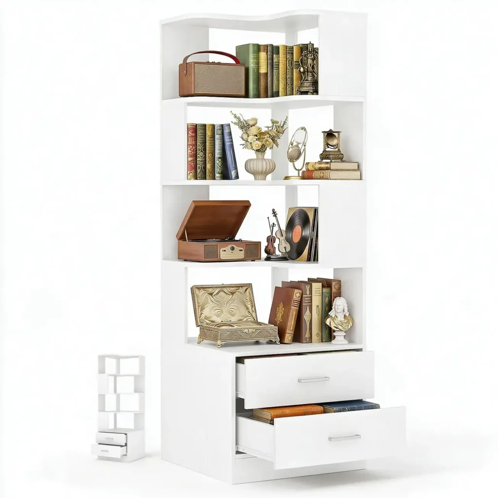 White L-shaped corner bookshelf featuring multiple open storage display shelves, two pull-out bottom drawers, and a space-saving free-standing structure.