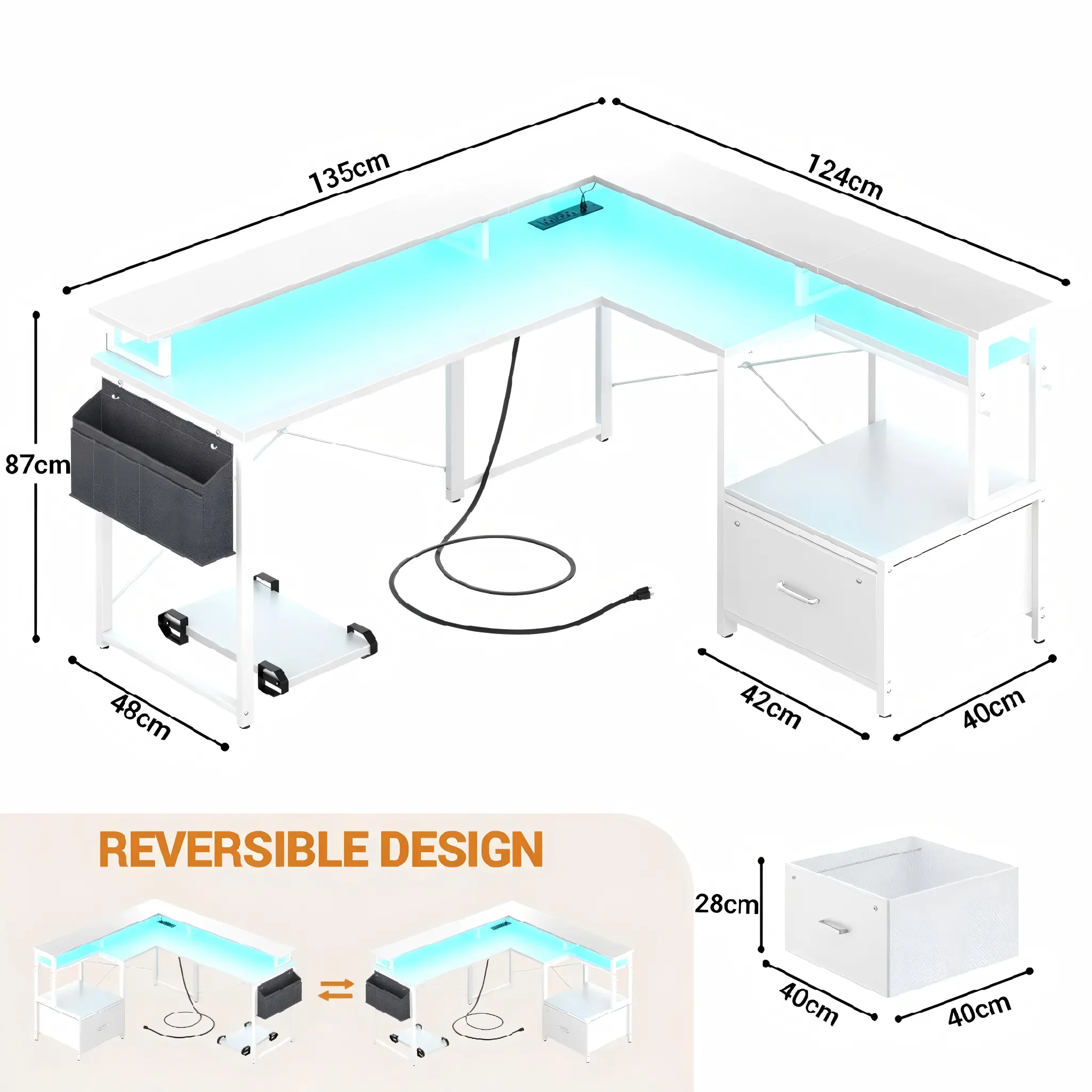 White L-Shaped Desk Specifications and Layout Options White L-shaped desk dimensions and reversible design diagram