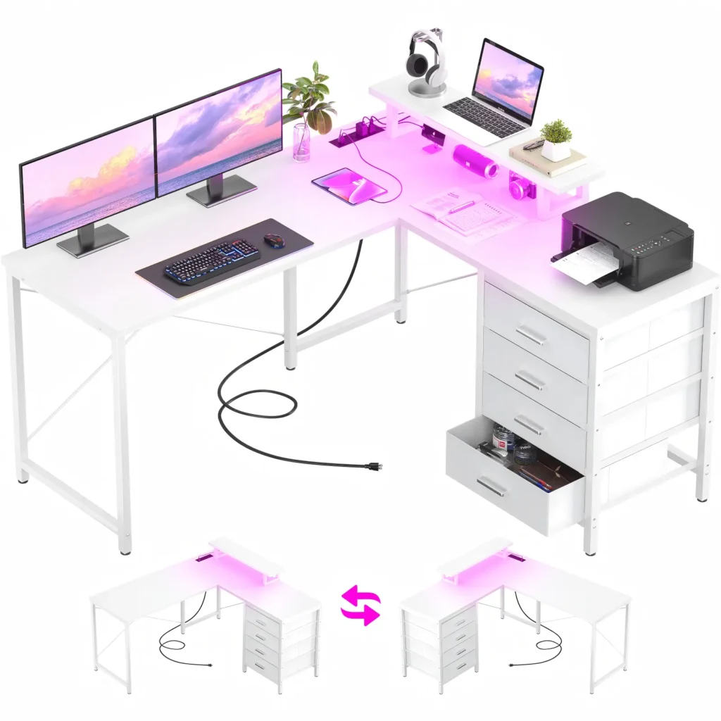 Reversible L-Shaped Desk with 4 Storage Drawers & App-Controlled RGB LED Lights