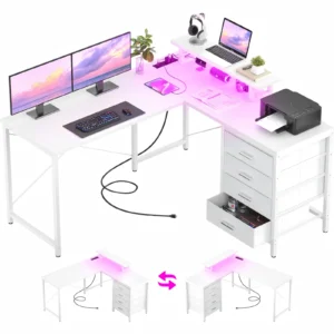 Reversible L-Shaped Desk with 4 Storage Drawers & App-Controlled RGB LED Lights