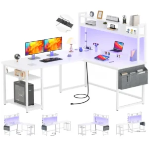 White L-shaped computer desk with storage hutch LED lights and power outlets for modern home office study room